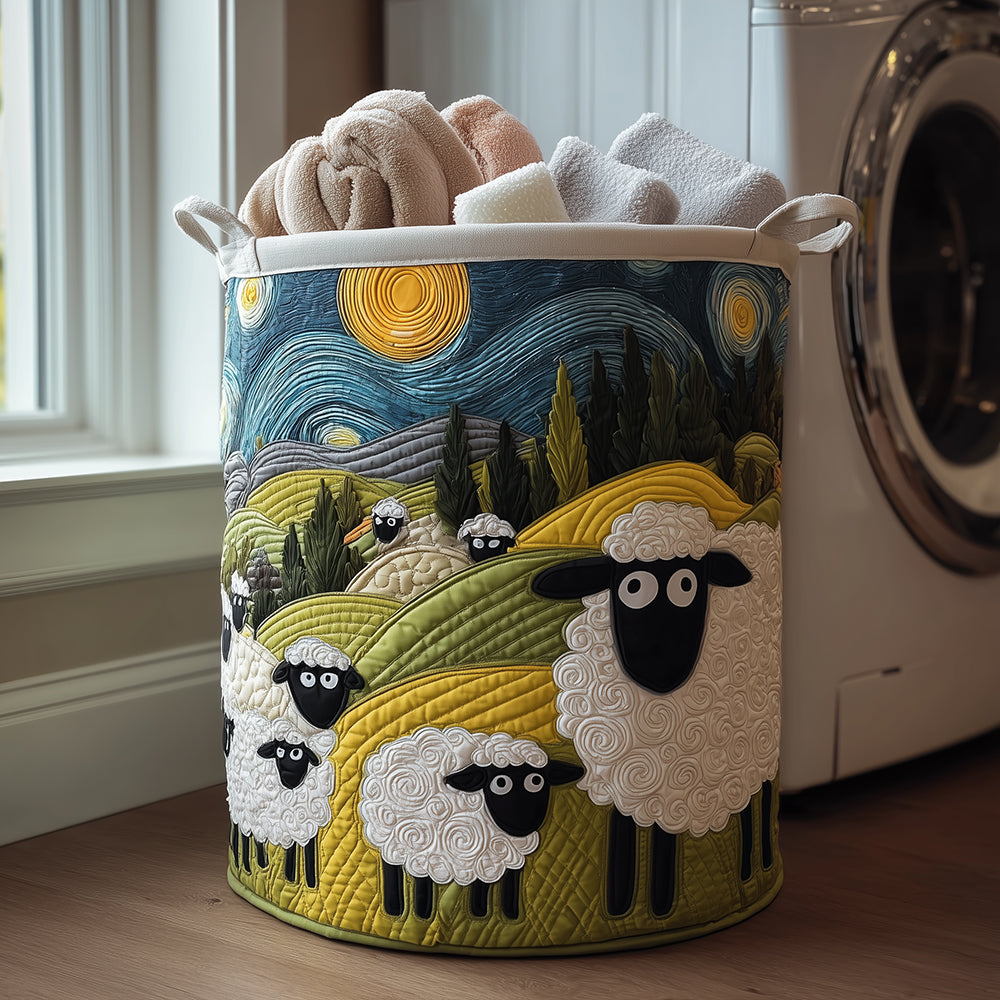 Matilde hand-quilted laundry basket with sheep meadow print, filled with towels