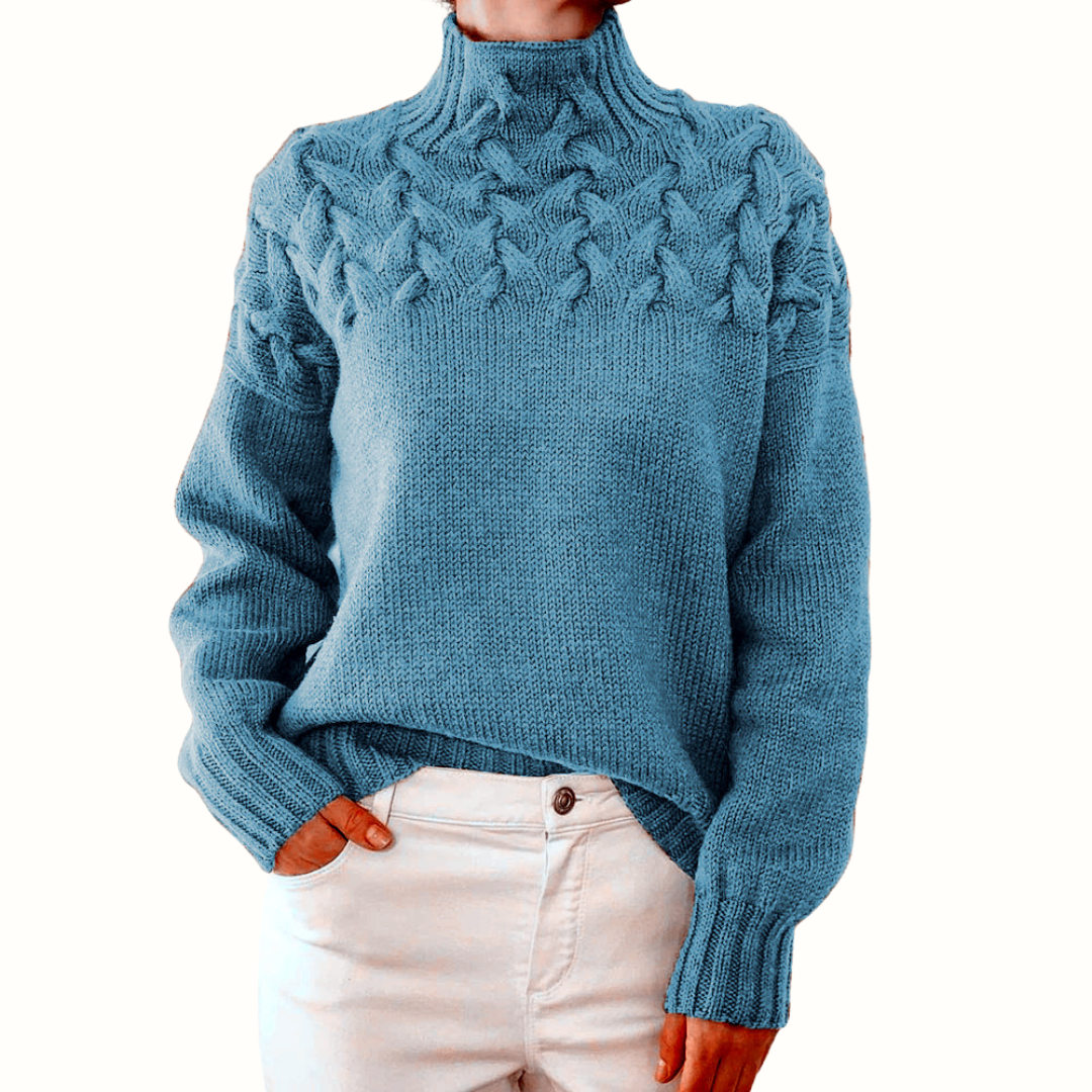 Charlene chunky turtleneck sweater in sky blue, front view