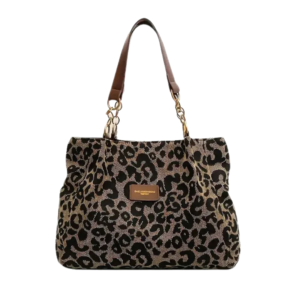 Classic leopard tote bag on plain background, front view