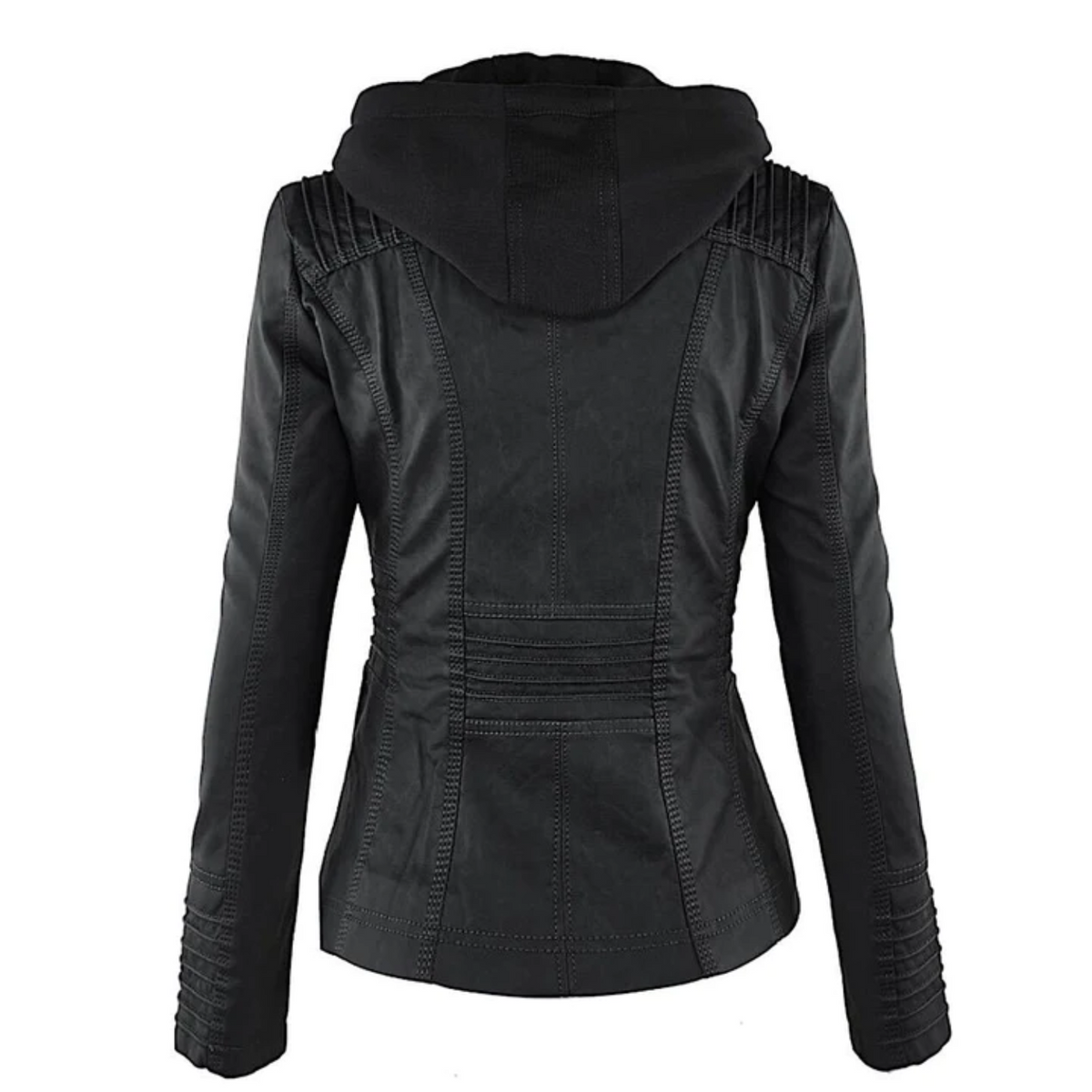 Ysolde hooded leather jacket in black, back view