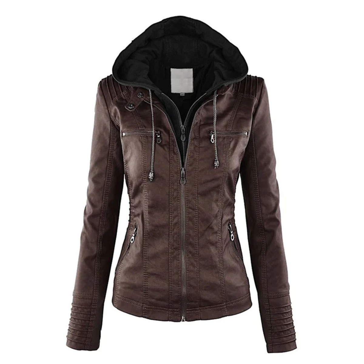 Ysolde hooded leather jacket in dark brown, front view