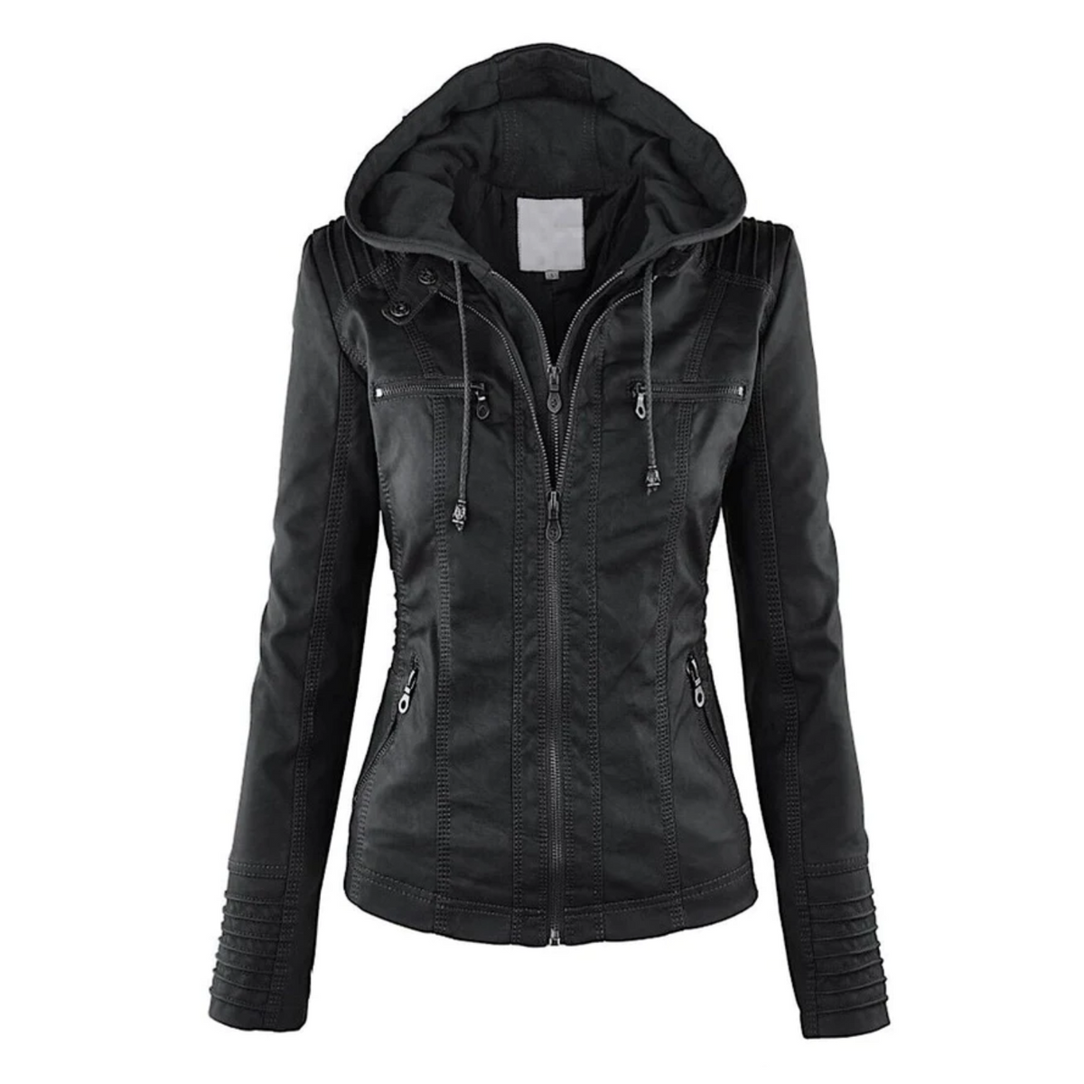 Ysolde hooded leather jacket in black, front view