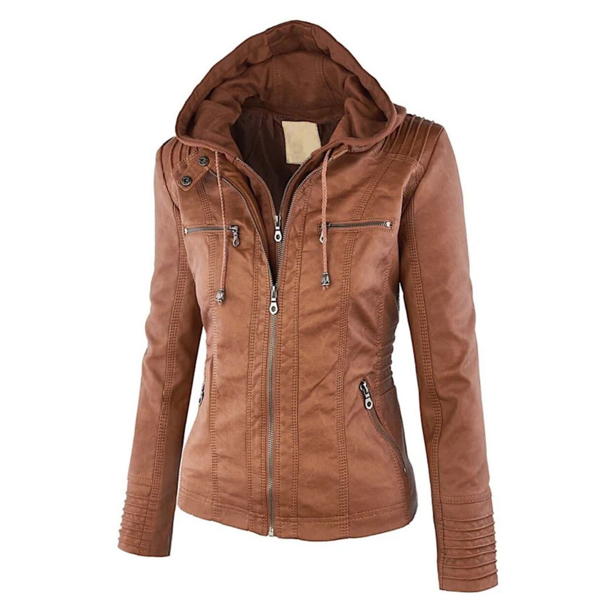 Ysolde hooded leather jacket in brown, front view