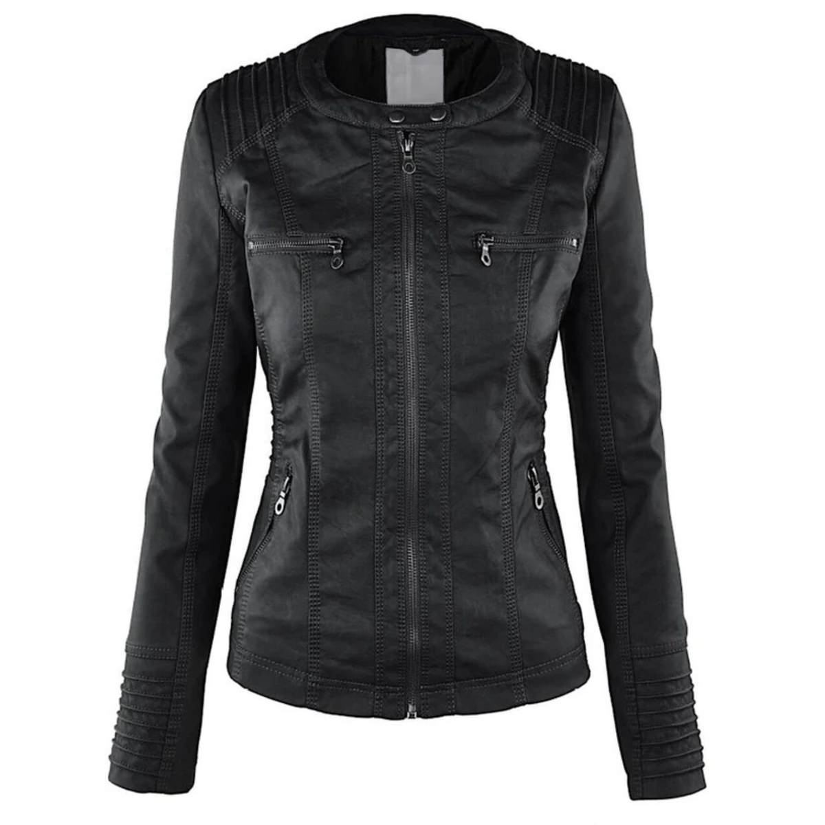 Ysolde leather jacket in black, front view with collar