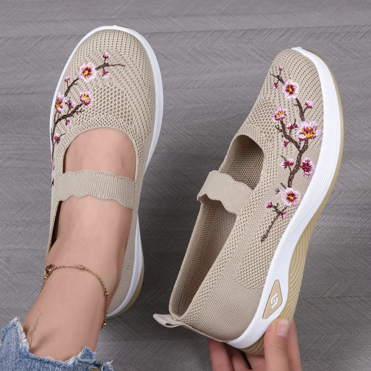 Leona embroidered mesh slip-on shoes in beige, pair shown from above
