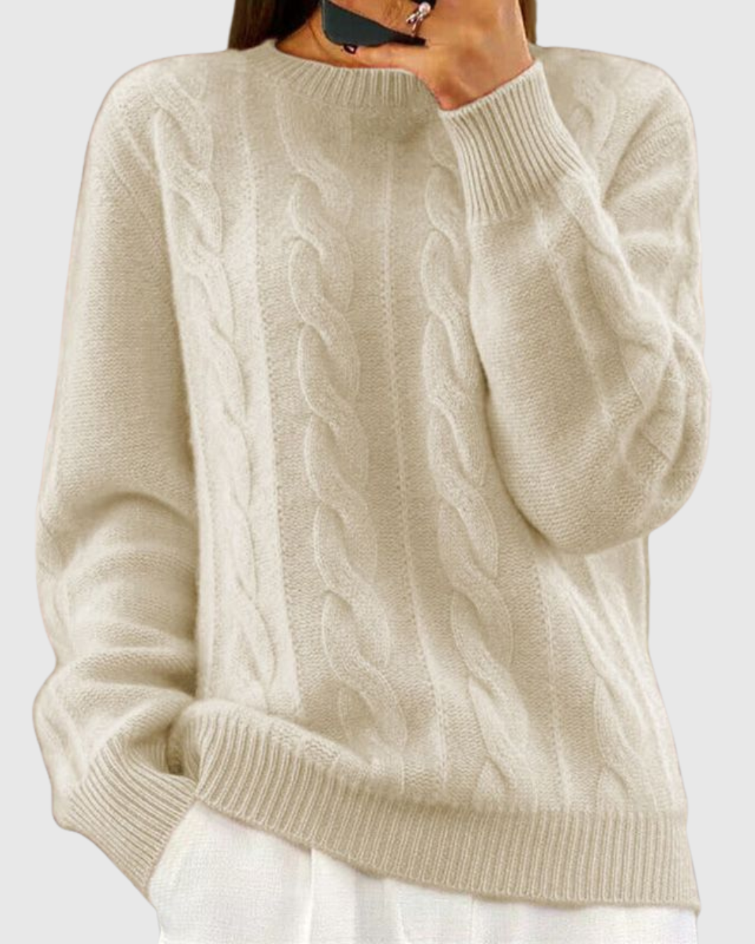 Lorna classic knit jumper in beige, front view