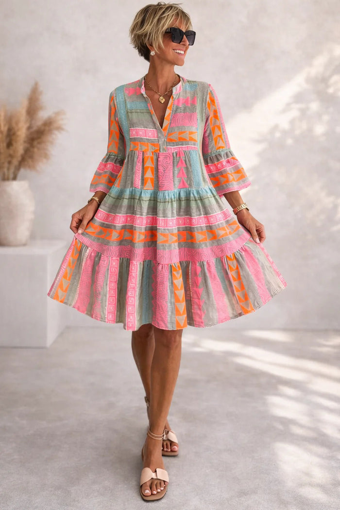 Aurabelle tiered vintage-print dress in pink and orange, full-length front view