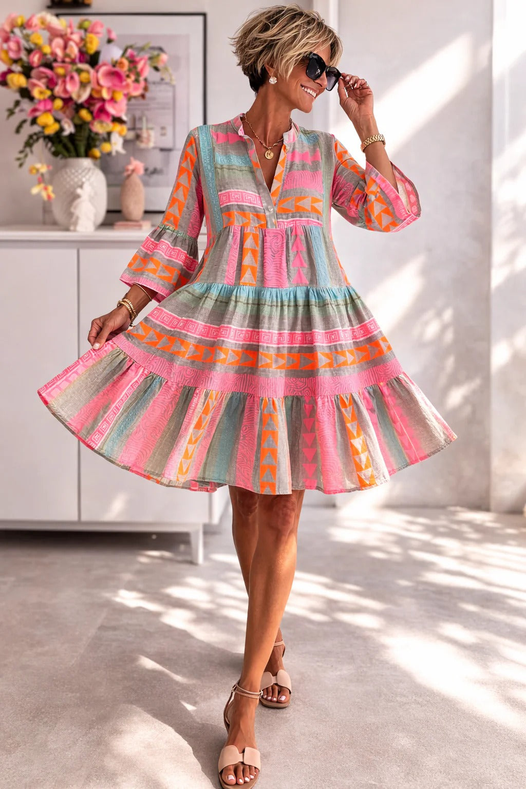 Aurabelle tiered dress in pink, orange and sage print, worn indoors