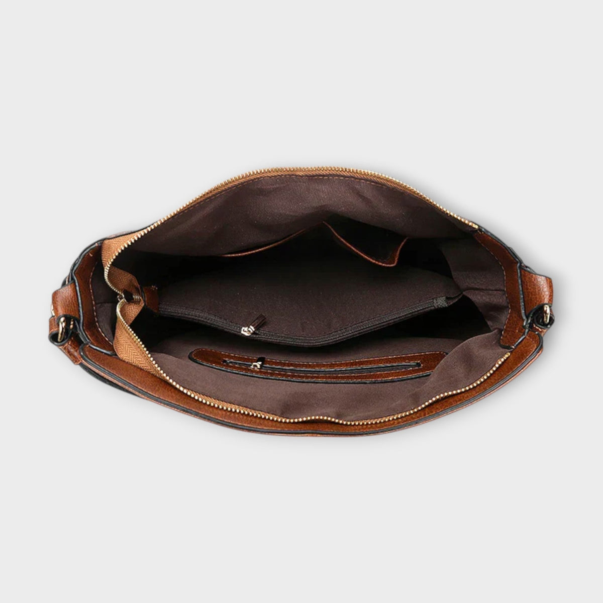 Arvignon hobo bag in brown, open interior with divider and pockets
