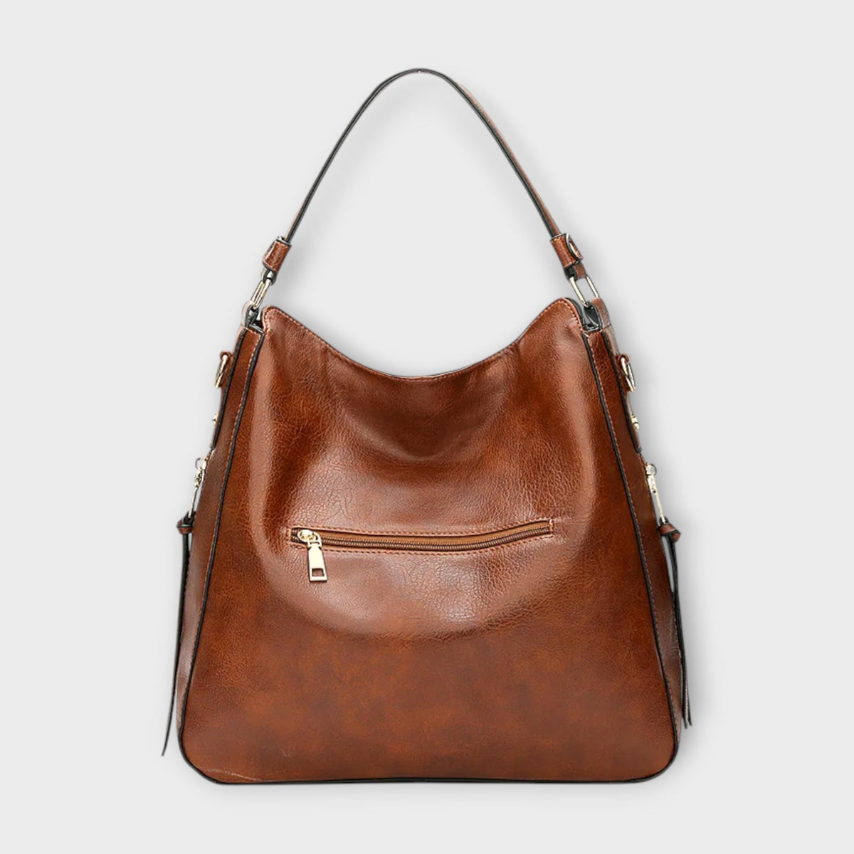 Arvignon large hobo bag in brown, back view with zip pocket