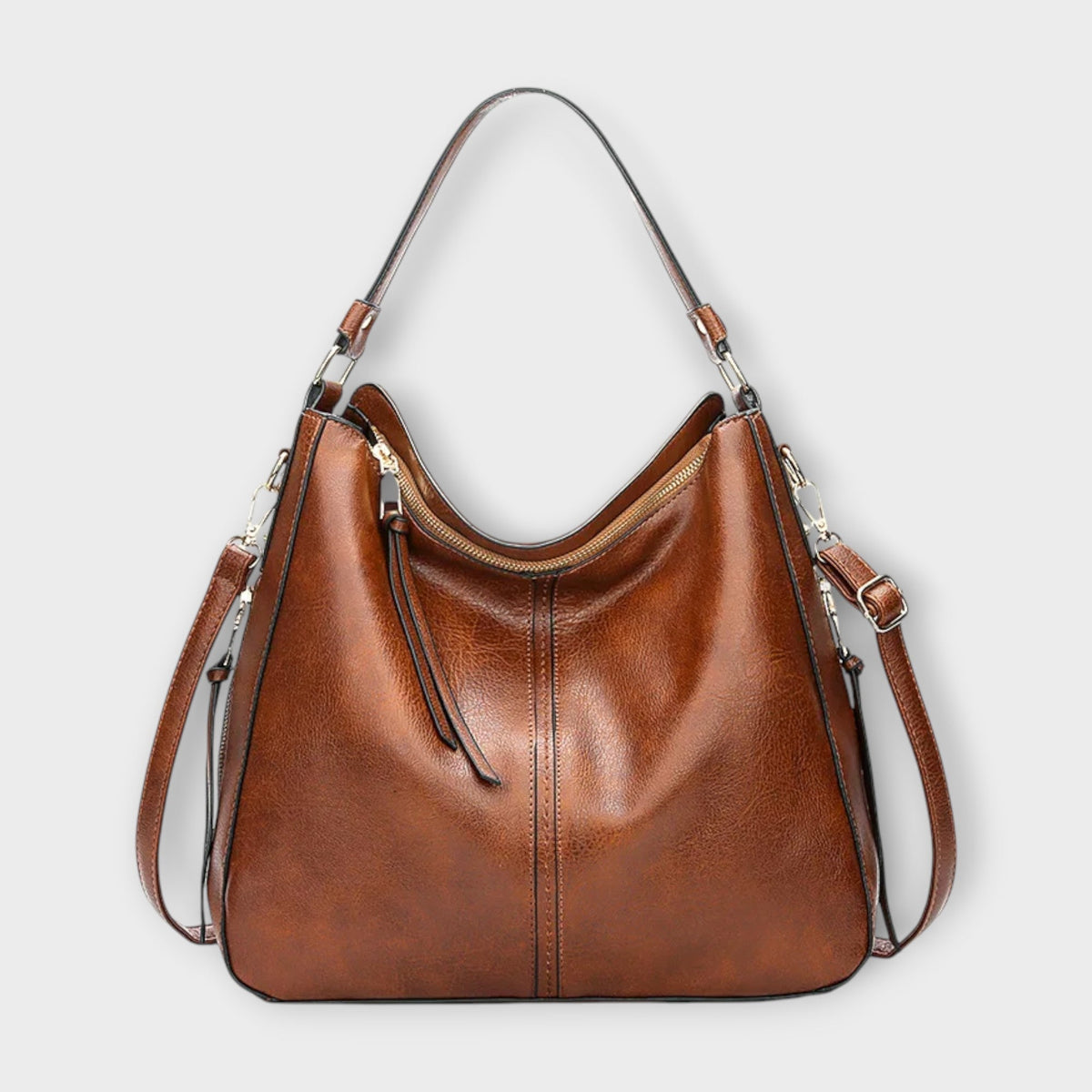 Arvignon large slouchy hobo bag in brown, front view