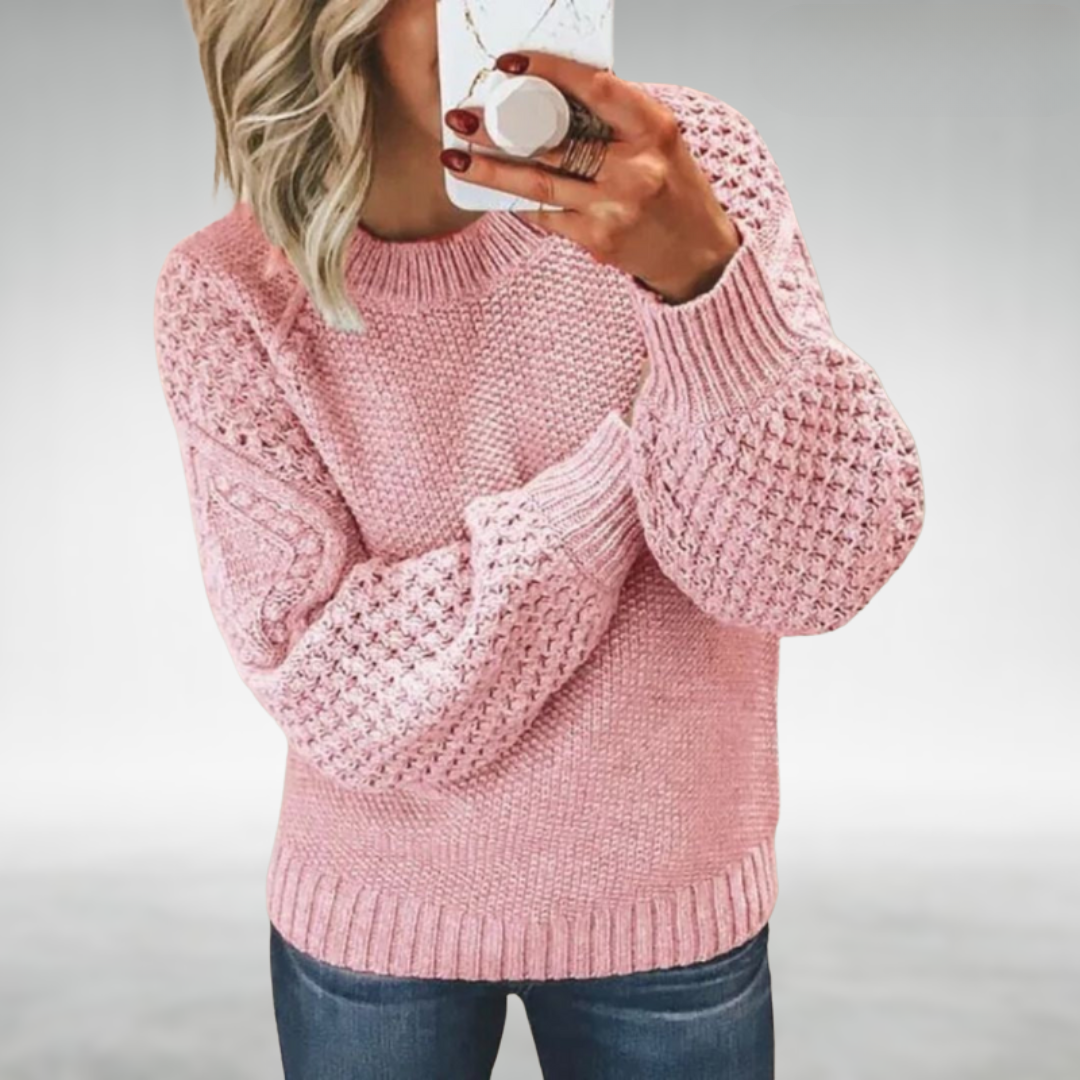 Calyra chic knit sweater in pink, front view showing waffle sleeves
