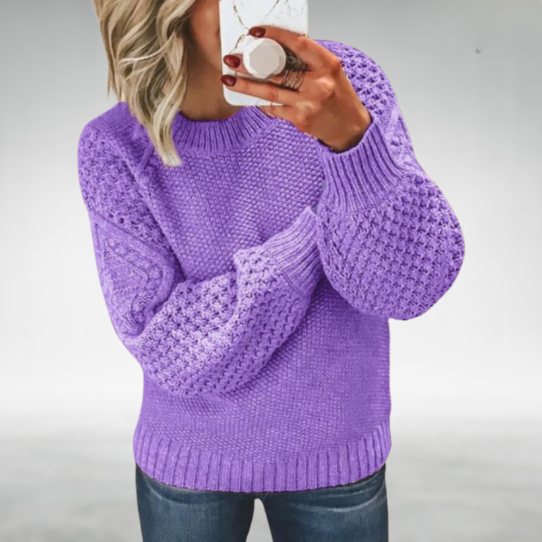 Calyra chic knit sweater in violet, front view on model