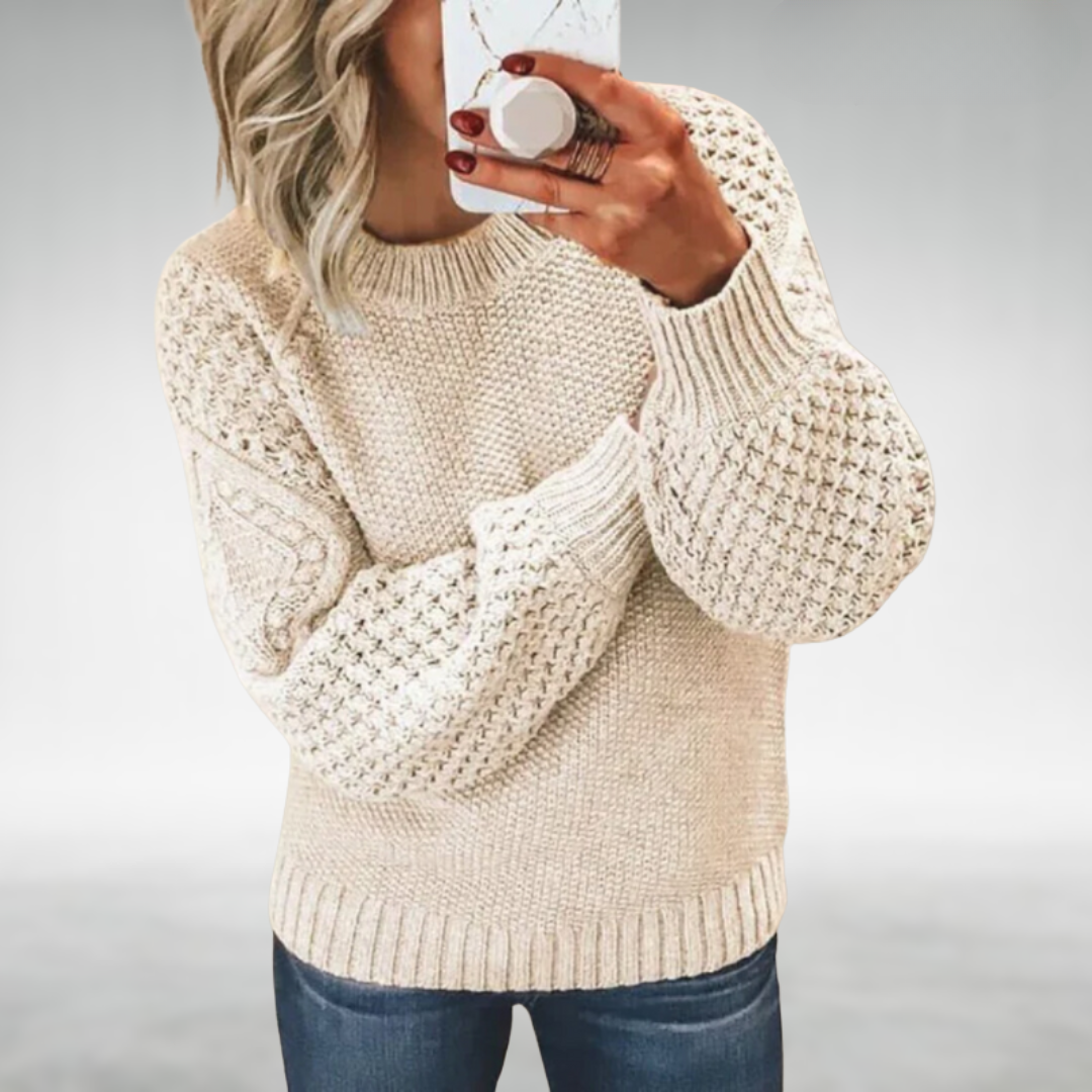Calyra chic knit sweater in white, front view with ribbed hem