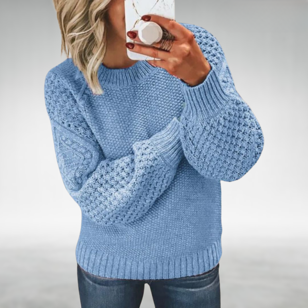 Calyra chic knit sweater in sky blue, front view on model