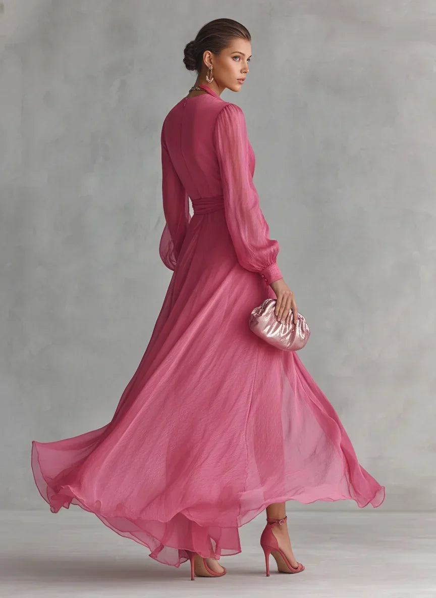 Gloria maxi dress in rose pink, back view showing flowing chiffon skirt