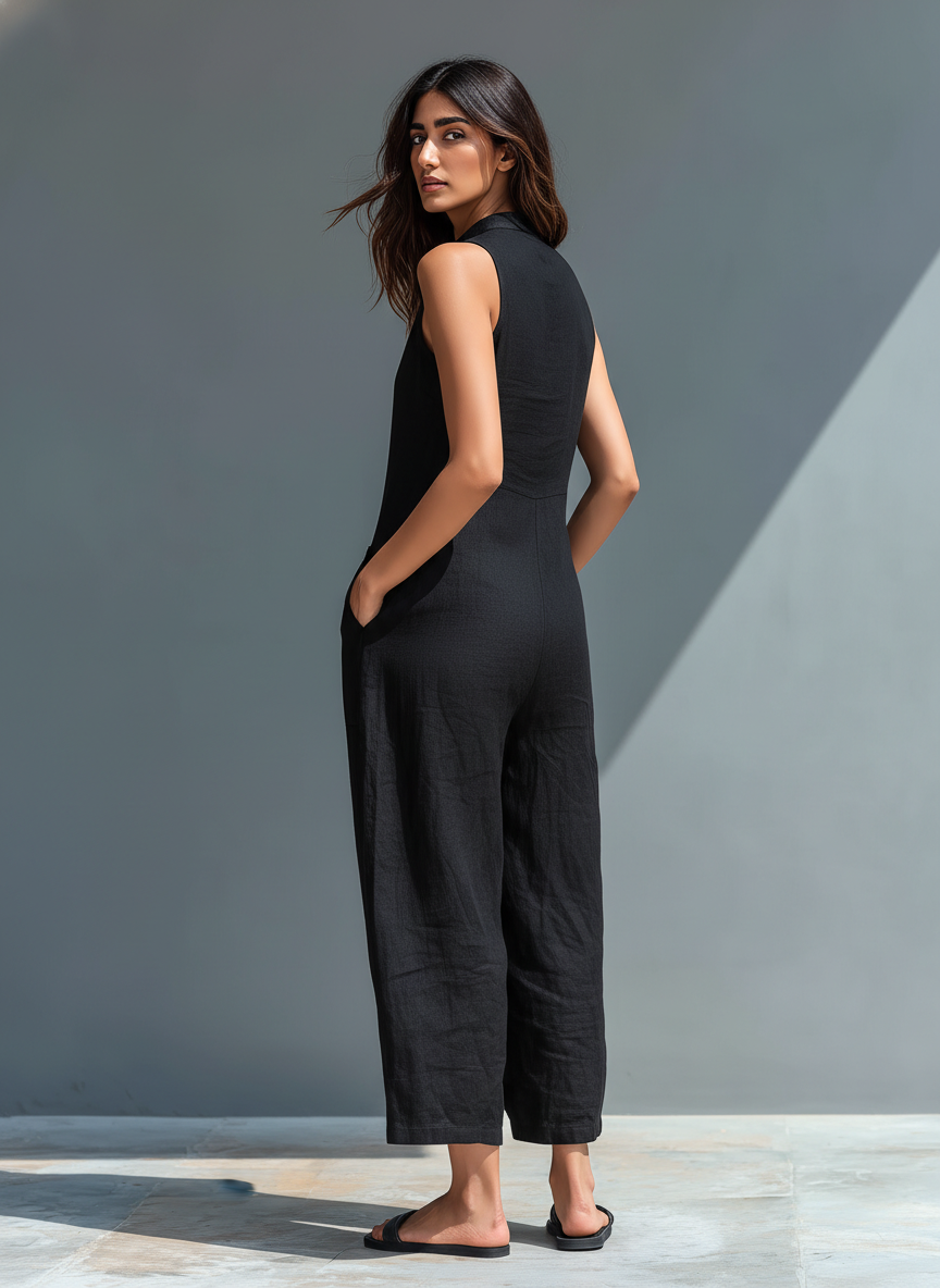 Teresa long jumpsuit in black, back view