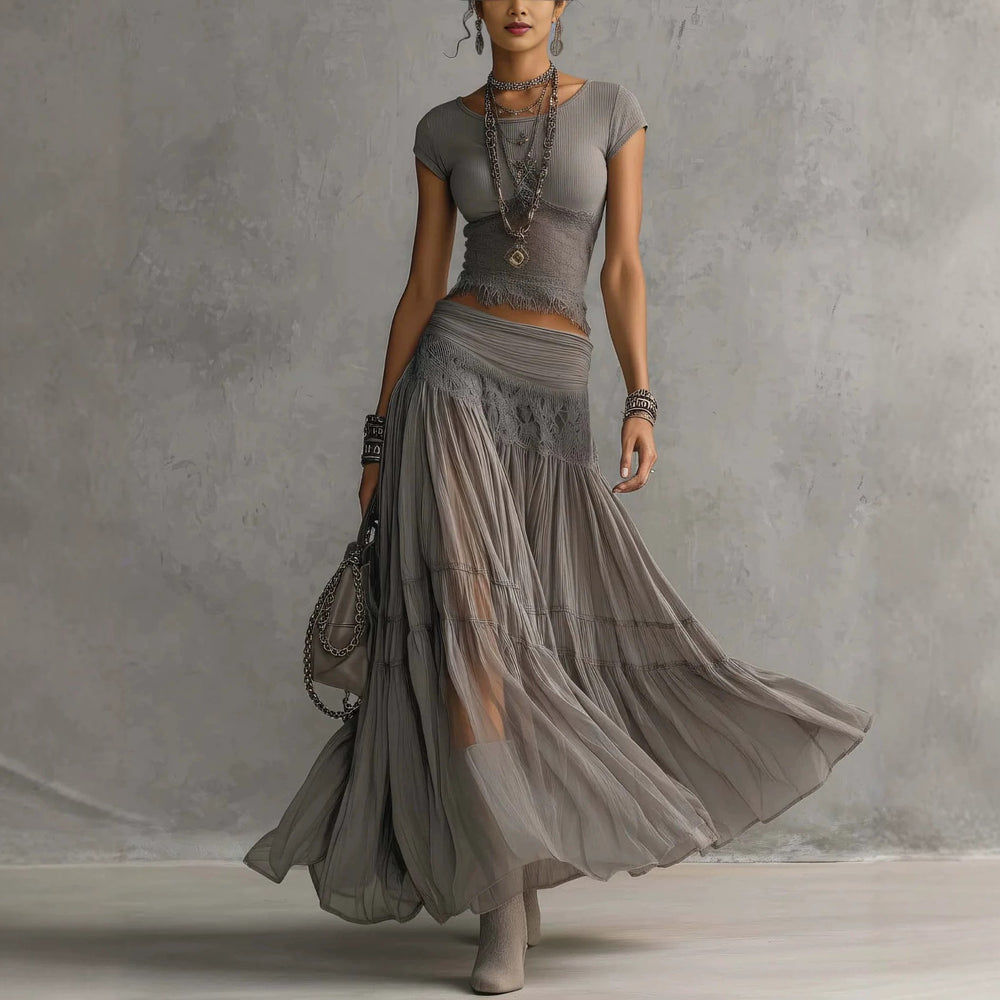 Beatrice lace top and pleated skirt set in grey, full-length front view