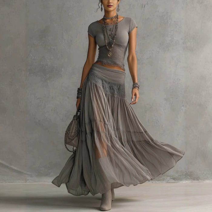 Beatrice lace top and pleated skirt set in grey, full-length front view
