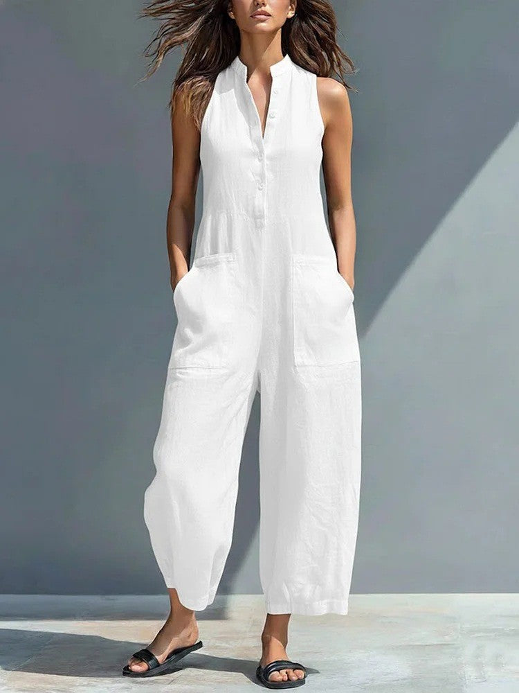 Phoebe wide-leg buttoned jumpsuit in white, full-length front view