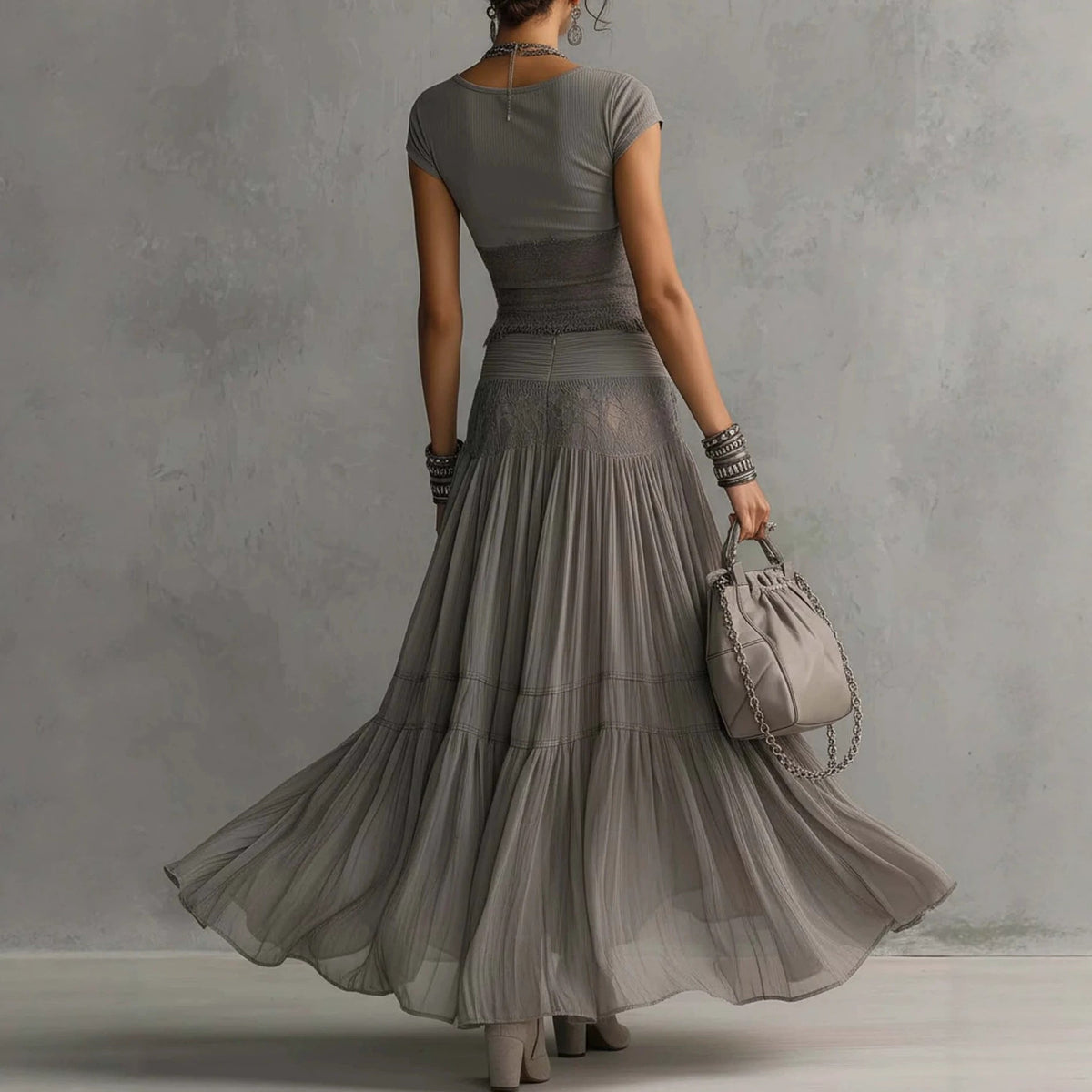 Beatrice grey two-piece set, full-length back view