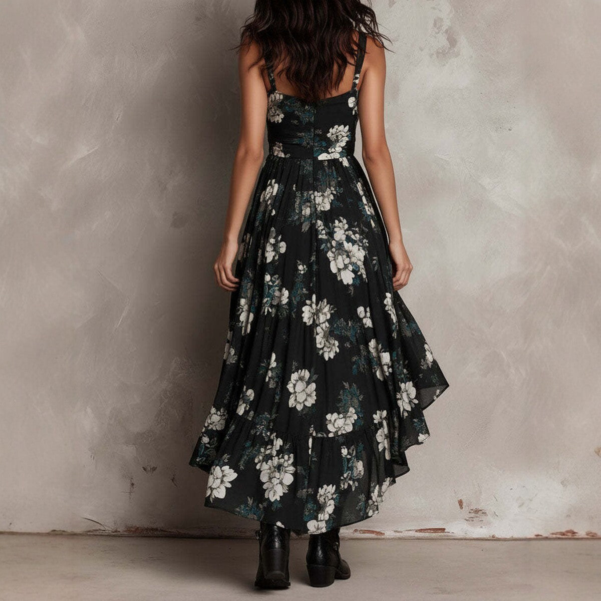 Felicity floral high-low maxi dress in black, back view