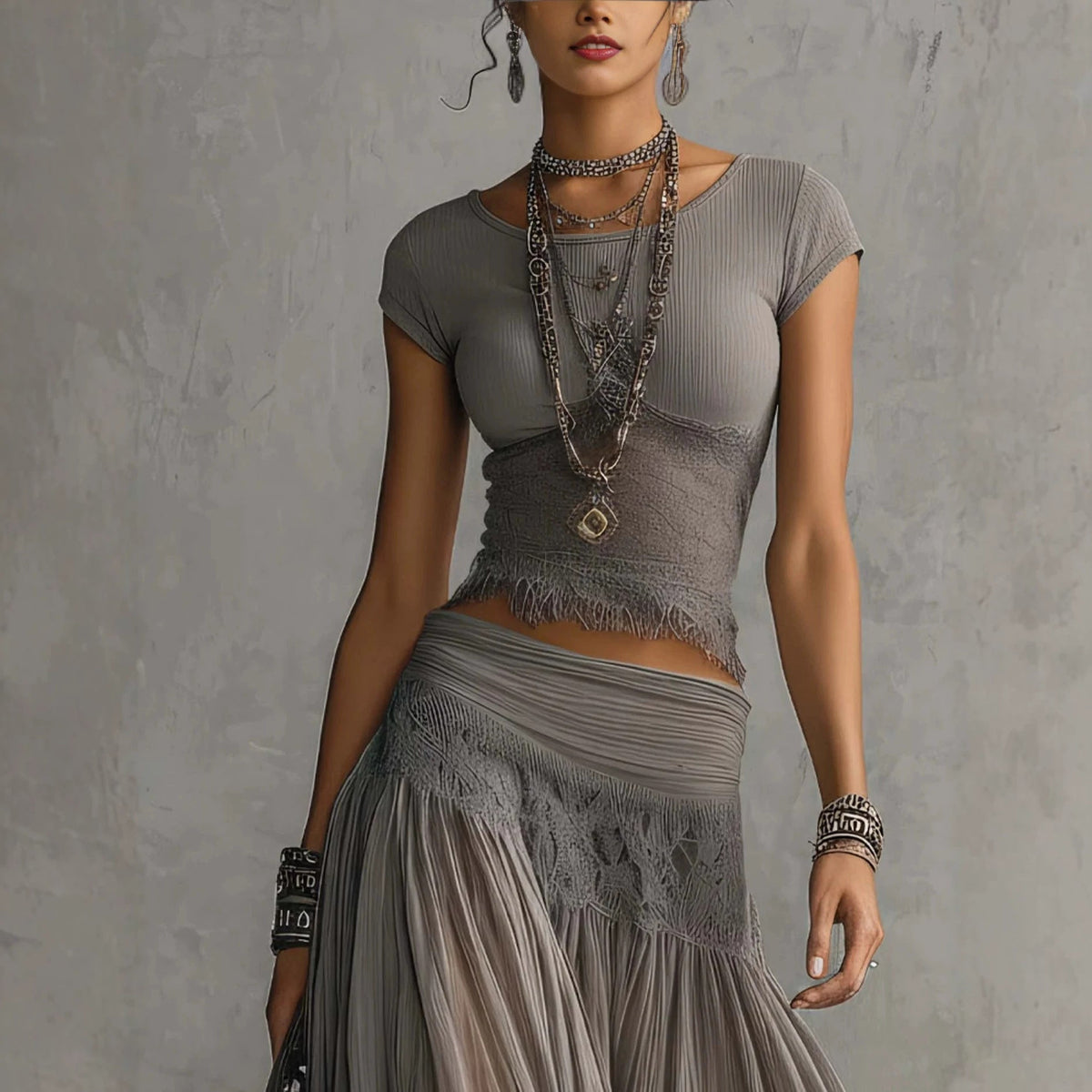 Beatrice grey lace top, close-up of neckline and lace hem