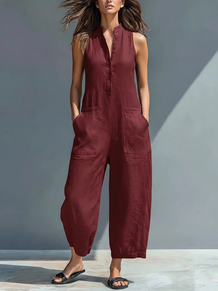 Phoebe wide-leg buttoned jumpsuit in red, full-length front view