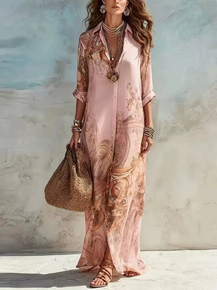 Camilla baroque print maxi dress in pink, full-length front view