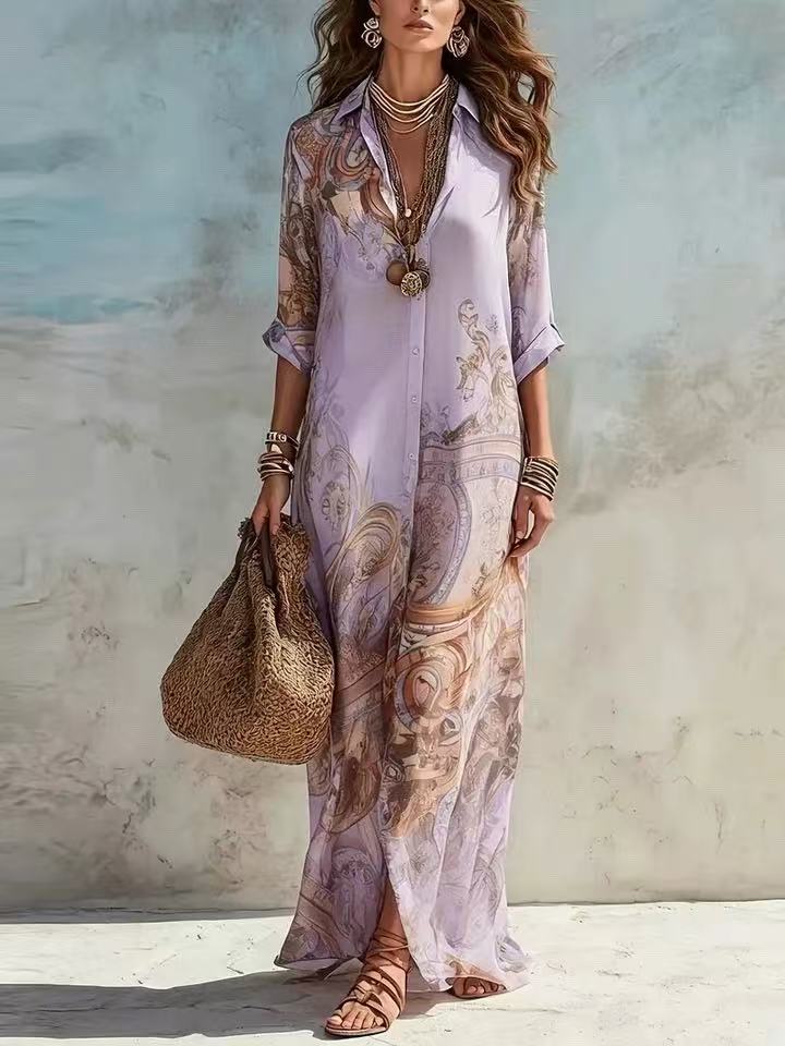 Camilla baroque print maxi dress in purple, full-length front view