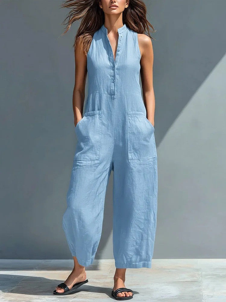 Phoebe wide-leg buttoned jumpsuit in blue, full-length front view