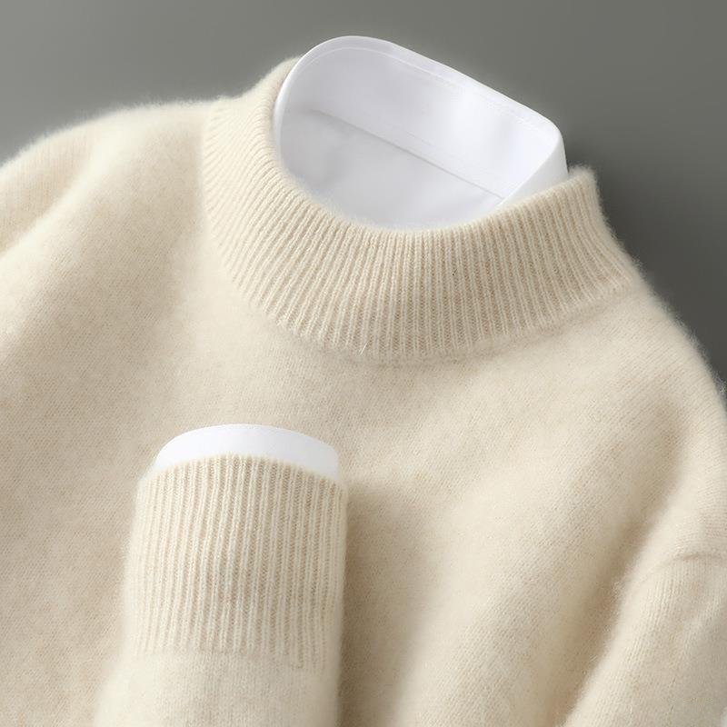 Arlington mock neck cashmere sweater in cream, close-up neckline and cuff