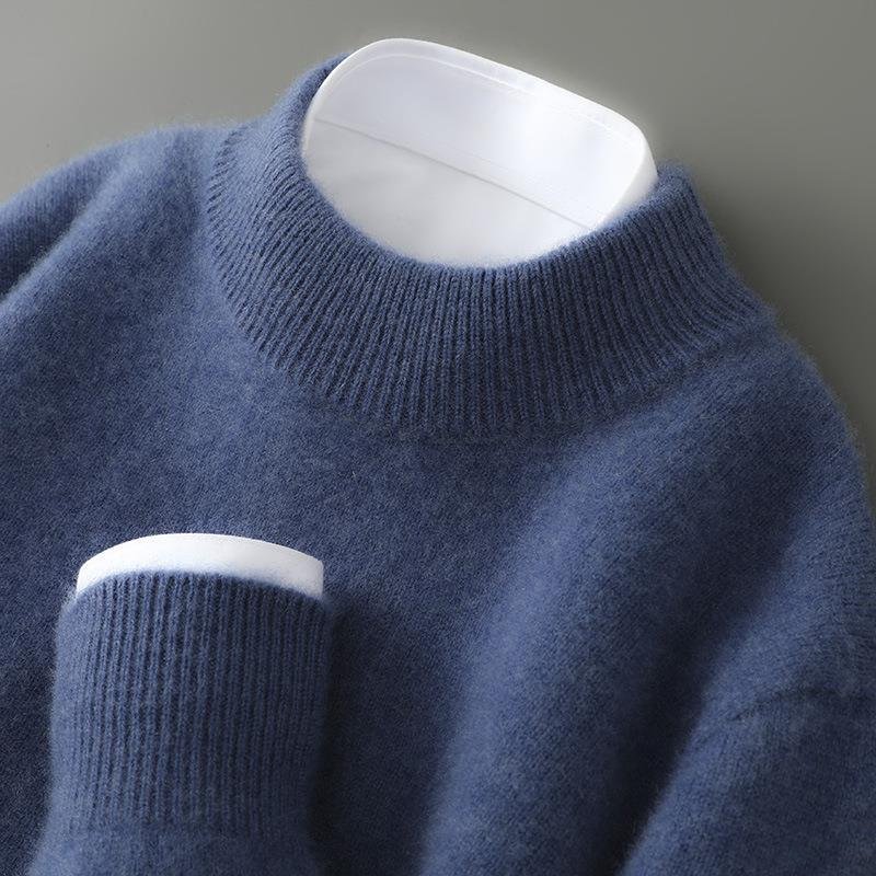 Arlington mock neck cashmere sweater in blue, close-up of ribbed collar