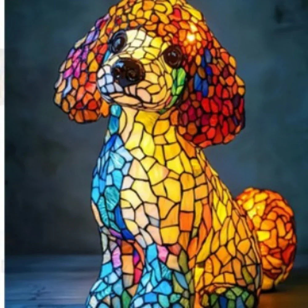 Loyal Dog glow lamp in multicoloured stained-glass effect, lit front view