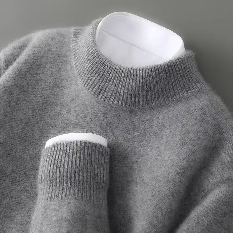 Arlington mock neck cashmere sweater in grey, close-up ribbed neckline