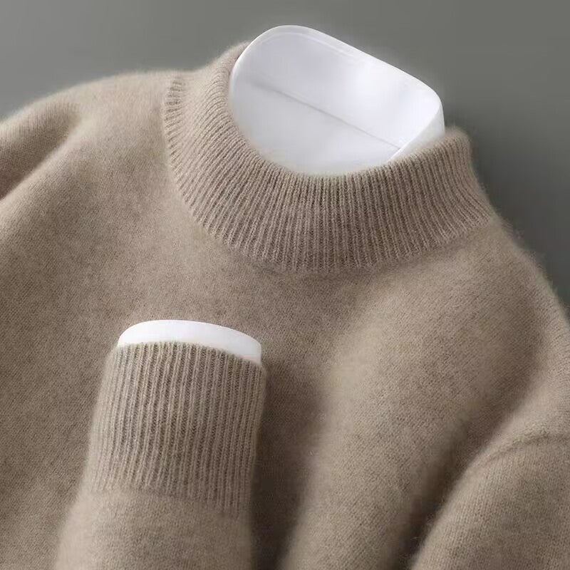 Arlington mock neck cashmere sweater in brown, neckline and ribbed cuff detail