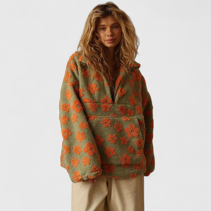 Delysanne sweater in khaki with orange flowers, front view