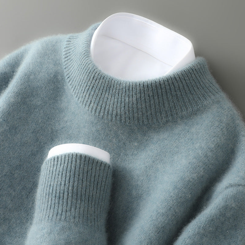 Arlington mock neck cashmere sweater in green, neckline and cuff detail