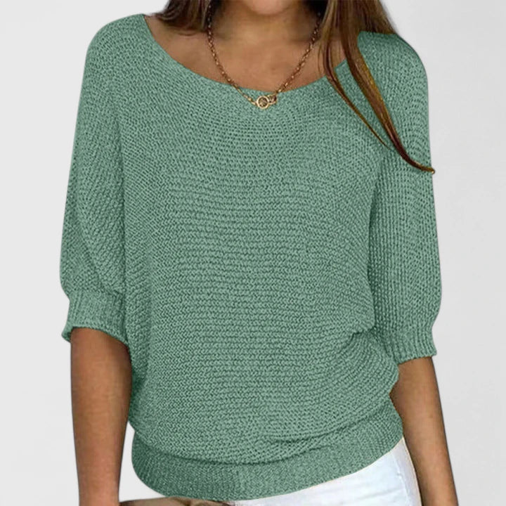 Kalyndrae knitted sweater in green, front view with batwing sleeves