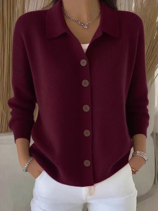 Josefina collared button-up cardigan in burgundy, front view with white trousers