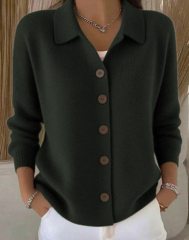 Josefina collared button-up cardigan in green, front view