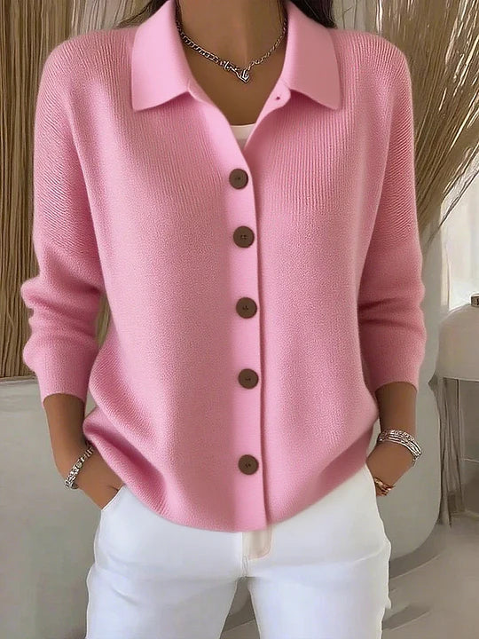 Josefina collared button-up cardigan in pink, front view