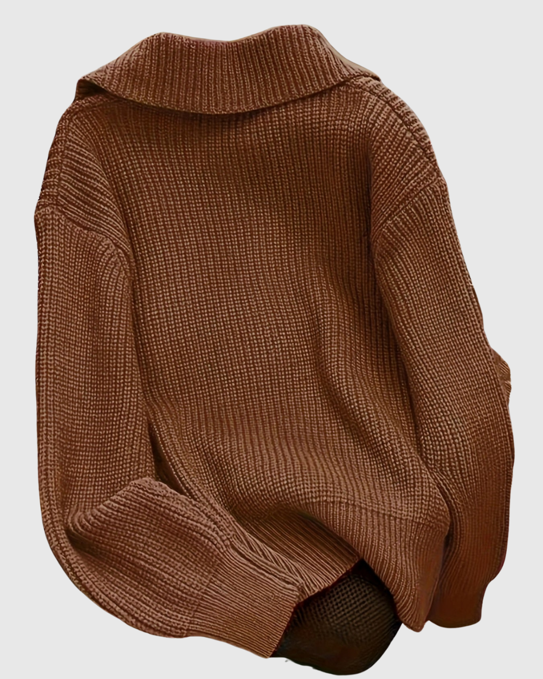Marisse knit jacket in brown, product view showing collar and ribbed knit