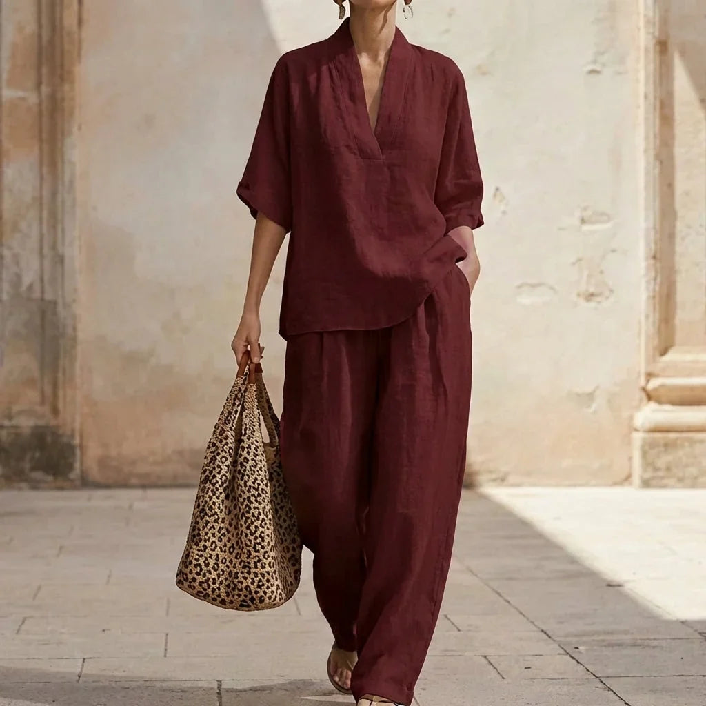Dolorès two-piece set in burgundy, walking front view