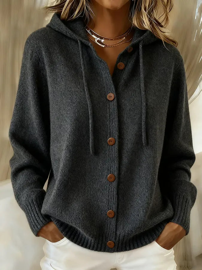 Begoña hooded button-up cardigan in charcoal, front view
