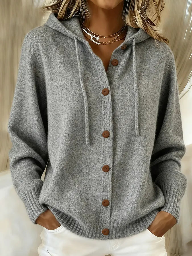 Begoña hooded button-up cardigan in grey, front view