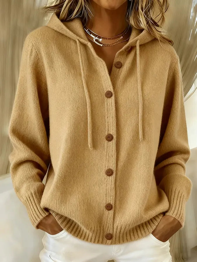 Begoña hooded button-up cardigan in khaki, front view