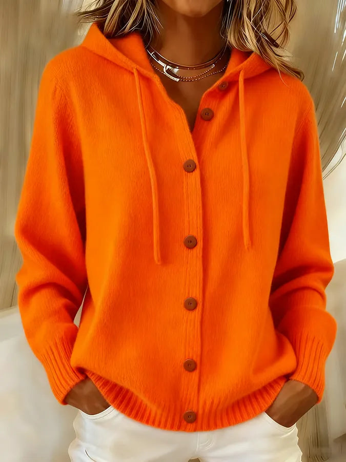 Begoña hooded button-up cardigan in orange, front view