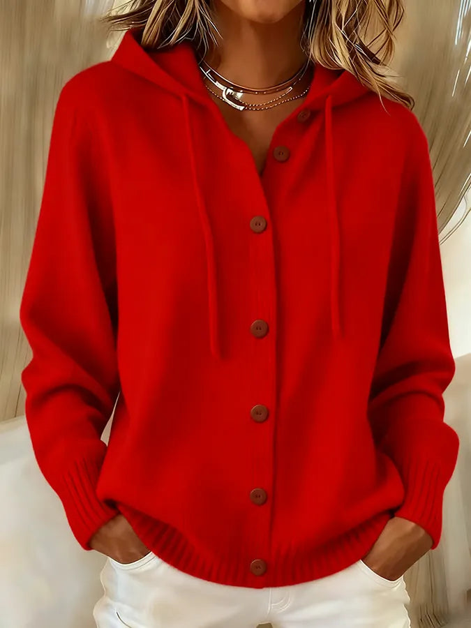 Begoña hooded button-up cardigan in red, front view