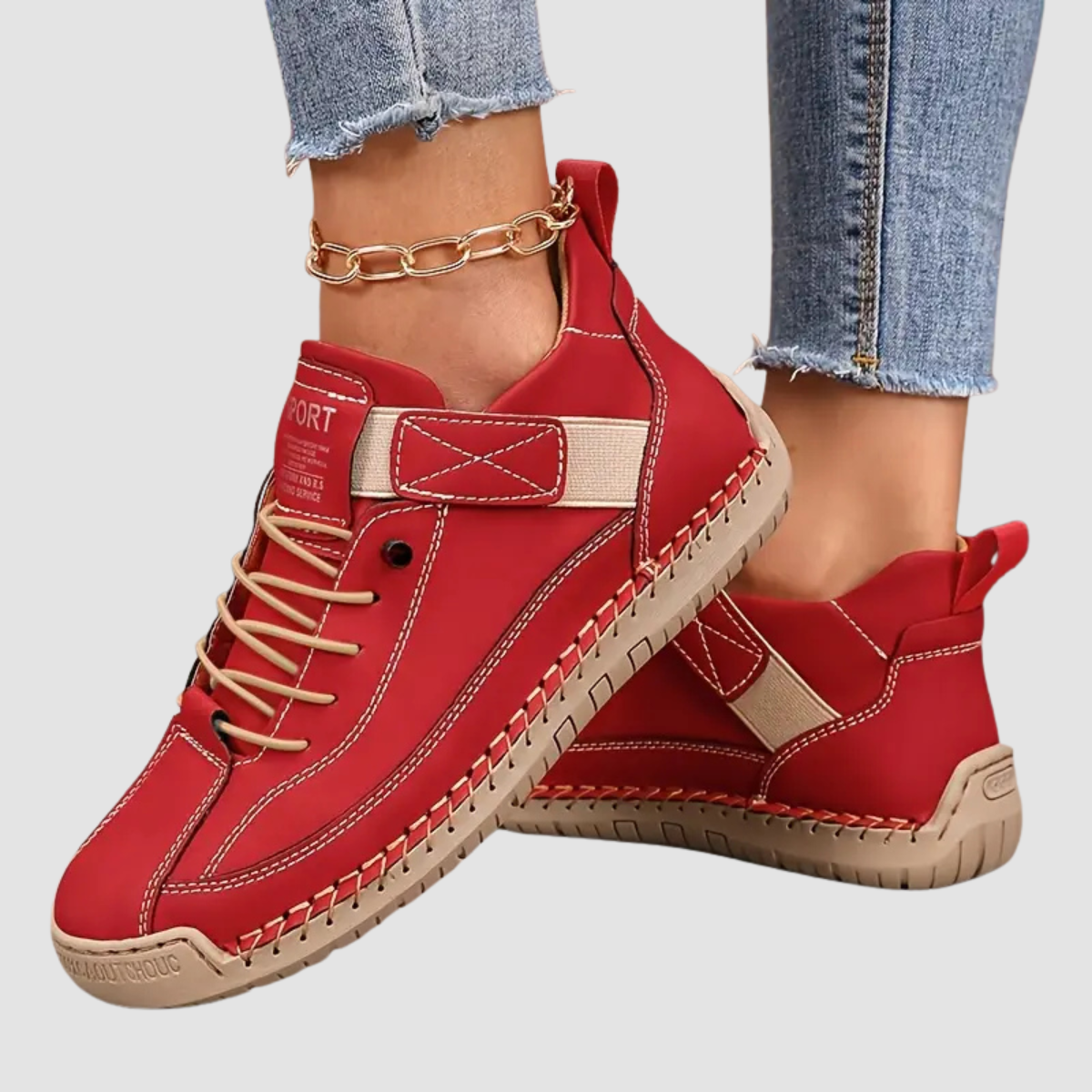 Mia orthopaedic trainers in red, worn side view